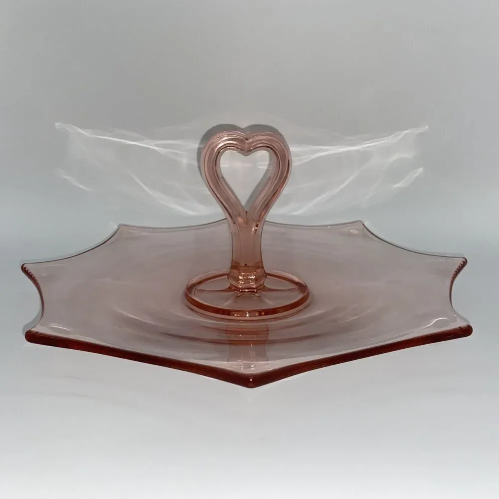 vtg Pink Glass Tidbit Tray Heart Handle Art Deco Serving Dish Plate love